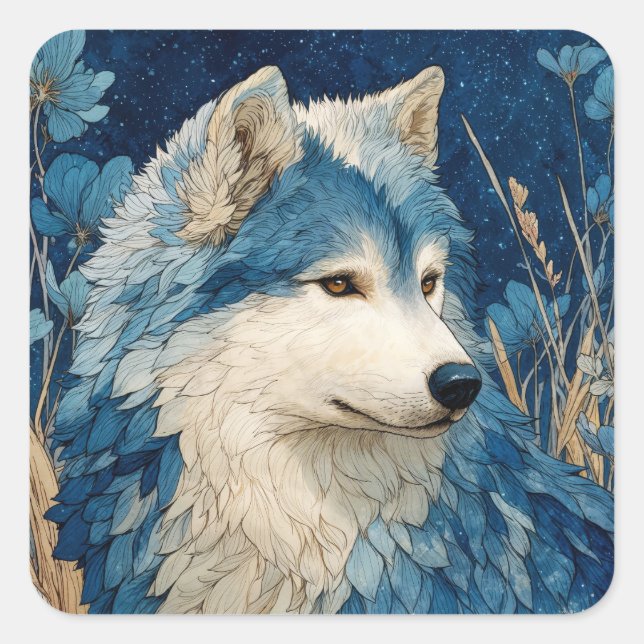 Adesivo Quadrado Blue Floral Wolf Profile with Golden Wheat Stars (Frente)