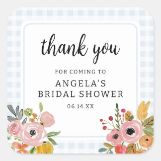 Adesivo Quadrado Blue Gingham and Flowers Bridal Shower Thank You