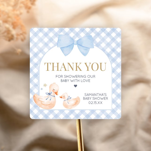 Adesivo Quadrado Blue Gingham Silly Goose Baby Shower (Little Silly Goose Baby Shower Sticker)