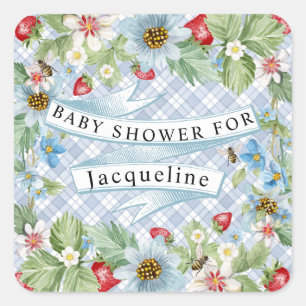 Adesivo Quadrado Blue Gingham Strawberry Berry Baby to Beer