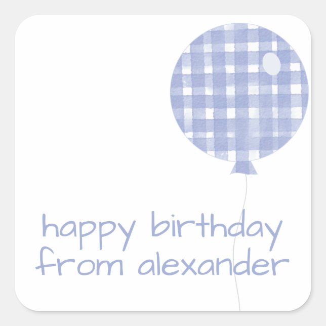 Adesivo Quadrado Blue Gingham Watercolor Balloon Gift Stickers (Frente)