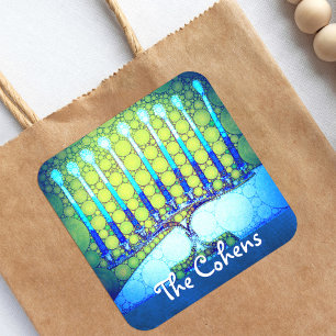 Adesivo Quadrado Blue Green Hanukkah Menorah adiciona seu nome ao s