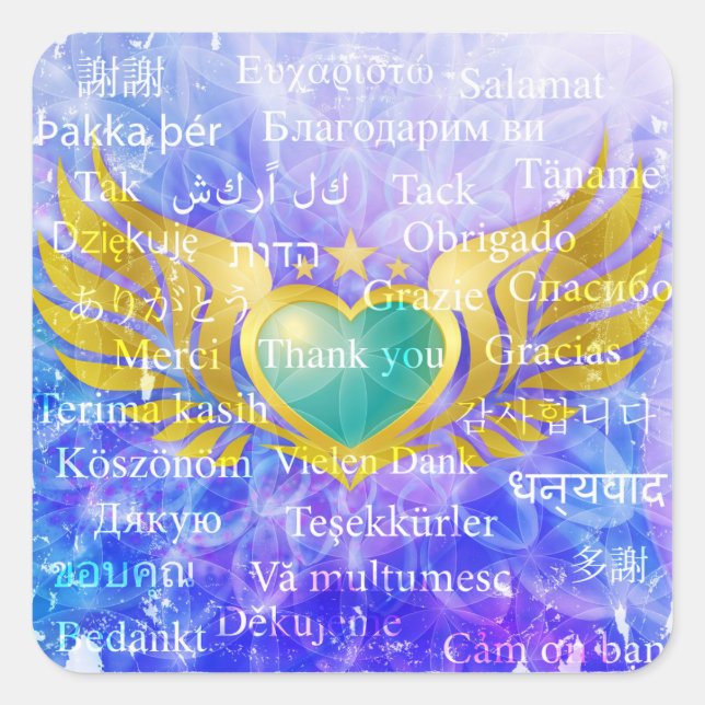 Adesivo Quadrado Blue Heart Angel Wings with THANK 31 idiomas (Frente)