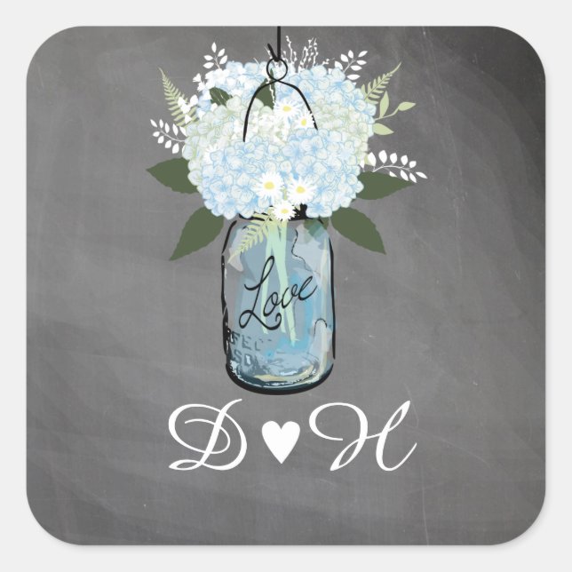 Adesivo Quadrado Blue Hydrangea Mason Jar Chalkboard | Casamento (Frente)