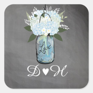 Adesivo Quadrado Blue Hydrangea Mason Jar Chalkboard Casamento