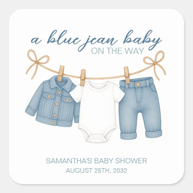Adesivo Quadrado Blue Jean Baby On Way Chá de fraldas (Frente)