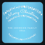Adesivo Quadrado Blue Merry Christmas Square Stickers<br><div class="desc">Cartazes azuis e quadrados brancos de Natal felizes com texto alterável</div>