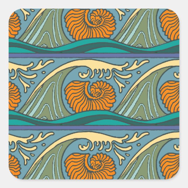 Adesivo Quadrado Blue Ocean Waves Nautilus Seashell Patterno Nouvea (Frente)