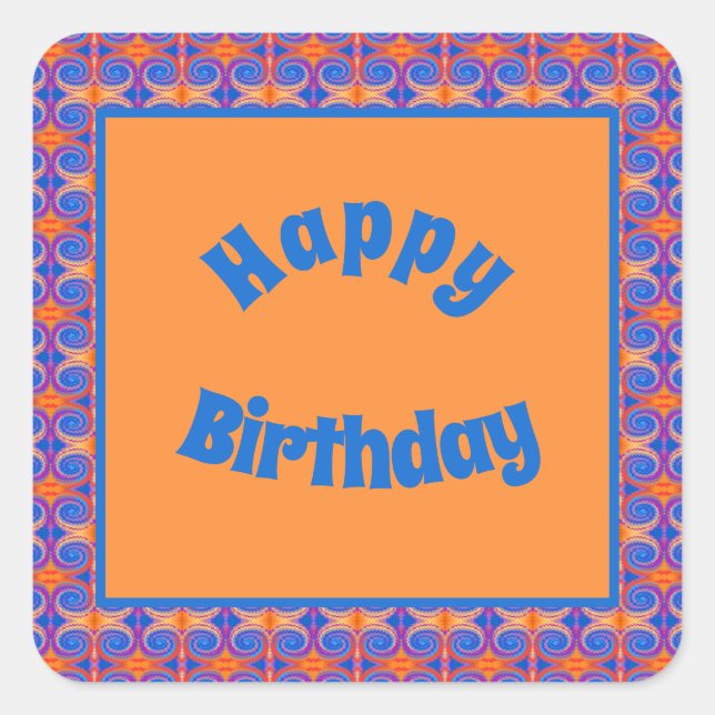 Adesivo Quadrado Blue Orange Swirl Patterl Happy Birthday (Frente)
