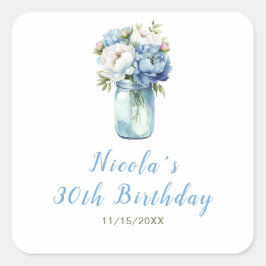 Adesivo Quadrado Blue Peonies Mason Jar Birthday