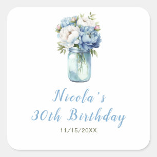 Adesivo Quadrado Blue Peonies Mason Jar Birthday