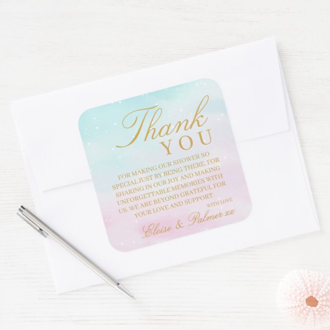 Adesivo Quadrado Blue Pink Ombre Gender Reveal Baby Shower Thank (Envelope)