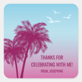 Adesivo Quadrado Blue Pink Tropical Palm Trees Birthday Thank You
