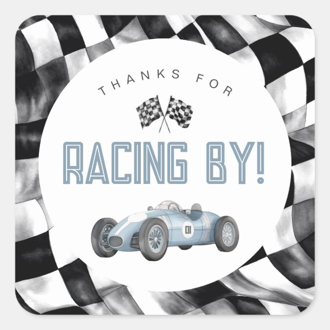 Adesivo Quadrado Blue Race Car Fast Um primeiro aniversario (Frente)