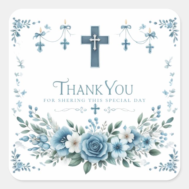 Adesivo Quadrado Blue Rose & Floral Cross Baptism Thank You Sticker (Frente)