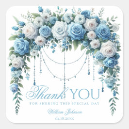 Adesivo Quadrado Blue Rose & Silver Cross Baptism Thank You Sticker