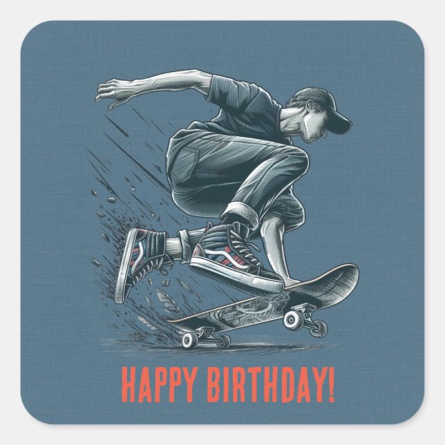 Adesivo Quadrado Blue Skateboarder Burnt Orange Happy Birday (Frente)