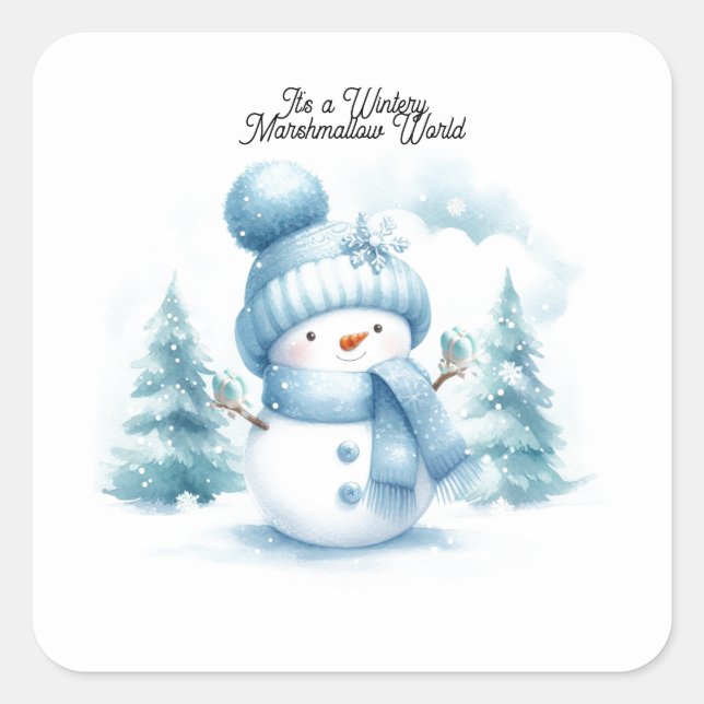 Adesivo Quadrado Blue Snowman Wintery Marshmallow (Frente)