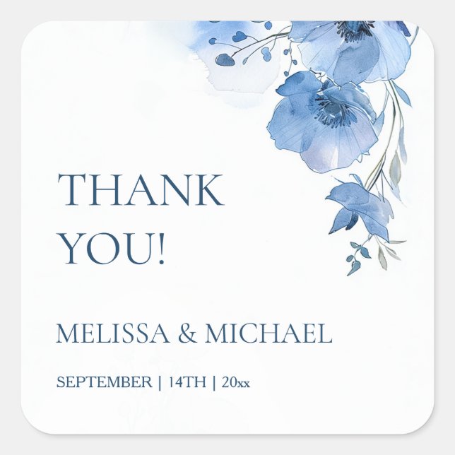 Adesivo Quadrado Blue Watercolor Flowers Wedding Thank You (Frente)