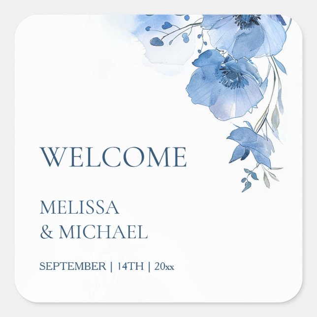 Adesivo Quadrado Blue Watercolor Flowers Wedding Welcome (Frente)