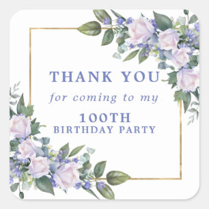 Adesivo Quadrado Blue White Floral 100º Aniversário Obrigado