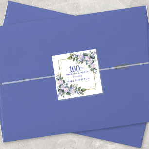 Adesivo Quadrado Blue White Floral 100th Birthday Envelope Seal