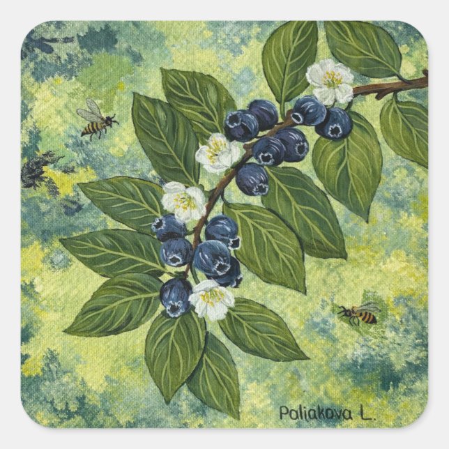 Adesivo Quadrado Blueberry Branch Botanical Illustration (Frente)