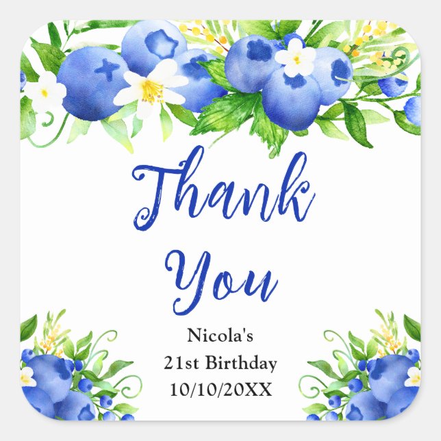Adesivo Quadrado Blueberry Floral Birthday Thank You (Frente)