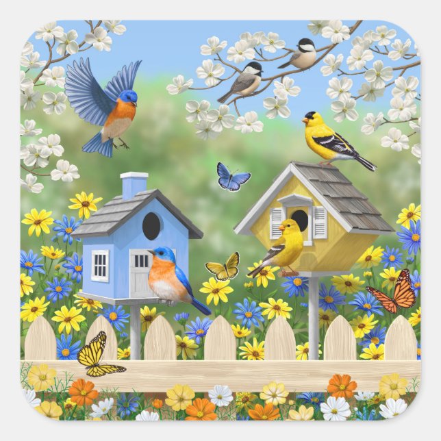 Adesivo Quadrado Bluebird Goldfinches Birdhouses Fllower Garden (Frente)