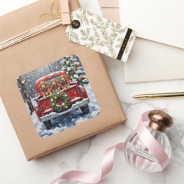 Adesivo Quadrado Bluetick Coonhound Christmas Red Truck Holiday (Presentear)