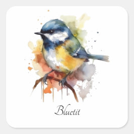 Adesivo Quadrado Bluetit bonito em uma ramificação, personalizado
