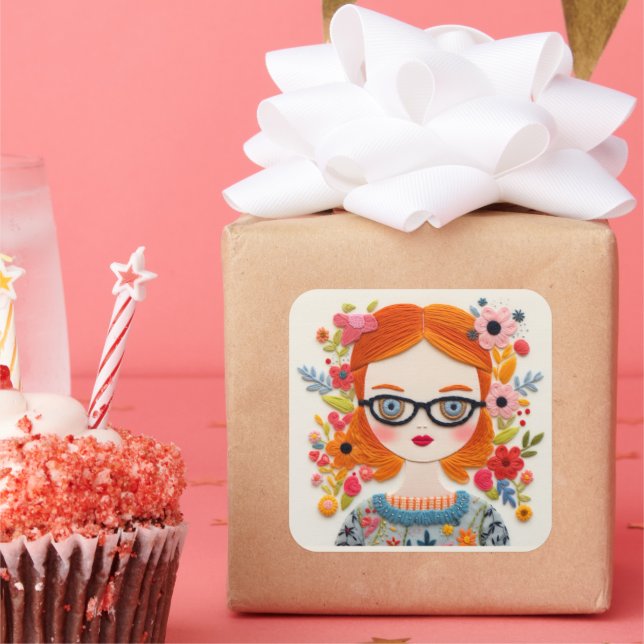 Adesivo Quadrado Blurbs. Vinheta de Nerd da Redhead Girl (Festa)