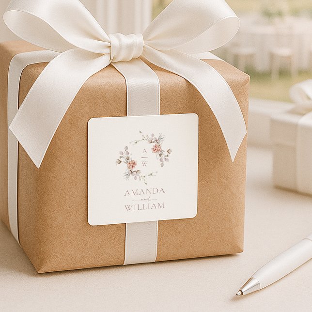 Adesivo Quadrado Blush Floral Monogram Wedding Sticker  (Criador carregado)