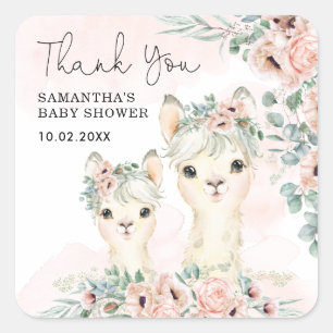 Adesivo Quadrado Blush Llama Floral Eucalyptus Baby Girl Obrigado