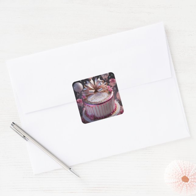 Adesivo Quadrado Blush Pink Birthday Cake Celebration  (Envelope)