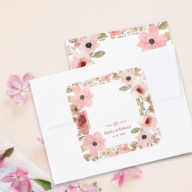 Adesivo Quadrado Blush Pink Floral Wedding Thank You Favor (Blush Pink Floral Wedding Thank You Favor Square Sticker)