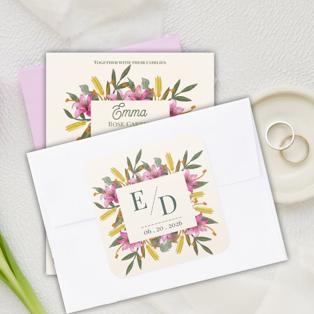 Adesivo Quadrado Blush Pink Lily Botanical Wedding Monogram (Blush Pink Lily Botanical Wedding Monogram Sticker | Romantic Watercolor Floral Envelope Seal)
