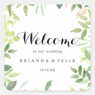 Adesivo Quadrado Boas-vindas a Greenery Botanical Foliage Wedding