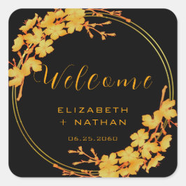 Adesivo Quadrado Boas-vindas ao Casamento Floral Dourado e Negro Cl