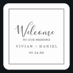 Adesivo Quadrado Boas-vindas ao Casamento Minimalista<br><div class="desc">Estes adesivos minimalistas de boas-vindas são perfeitos para um casamento simples. A design romântica moderna apresenta a tipografia clássica, em preto e branco, emparelhada com uma caligrafia rústica, mas elegante, com estilo voltado para a mão. Personalizável em qualquer cor. Mantenha o design simples e elegante, como está, ou personalize-o adicionando...</div>