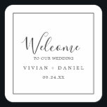 Adesivo Quadrado Boas-vindas ao Casamento Minimalista<br><div class="desc">Estes adesivos minimalistas de boas-vindas são perfeitos para um casamento simples. A design romântica moderna apresenta a tipografia clássica, em preto e branco, emparelhada com uma caligrafia rústica, mas elegante, com estilo voltado para a mão. Personalizável em qualquer cor. Mantenha o design simples e elegante, como está, ou personalize-o adicionando...</div>