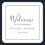 Adesivo Quadrado Boas-vindas ao Casamento Minimalista<br><div class="desc">Estes adesivos minimalistas de boas-vindas são perfeitos para um casamento simples. A design romântica moderna apresenta a tipografia clássica, em preto e branco, emparelhada com uma caligrafia rústica, mas elegante, com estilo voltado para a mão. Personalizável em qualquer cor. Mantenha o design simples e elegante, como está, ou personalize-o adicionando...</div>