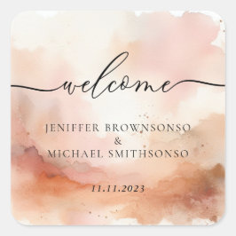 Adesivo Quadrado Boas-vindas de casamento em aquarela RoseGold