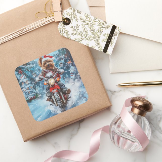 Adesivo Quadrado Boewer Terrier Dog Dirigindo Motocicleta Natal (Presentear)