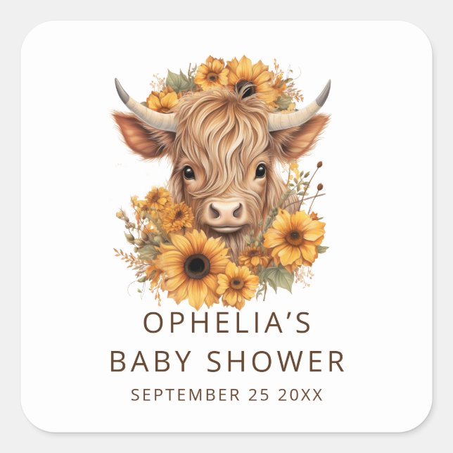 Adesivo Quadrado Bohemian Highland Cow Sunflowers Baby Shower (Frente)