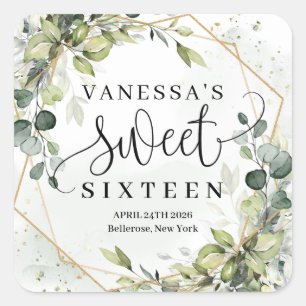 Adesivo Quadrado Boho aquarela eucalipto ouro doce dezesseis