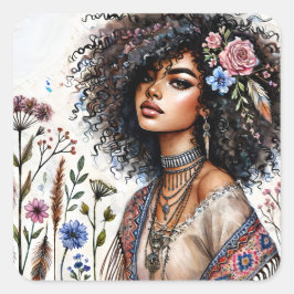 Adesivo Quadrado Boho Black Woman With Curly Hair Watercolor
