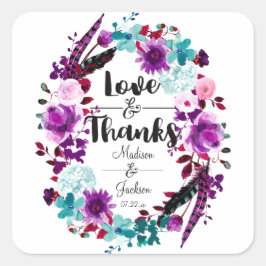 Adesivo Quadrado Boho Chic Floral Wreath Purple Love & Obrigado Fav