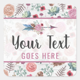 Adesivo Quadrado Boho Chic Rústico Flecha de Pena Boêmia Aquarela