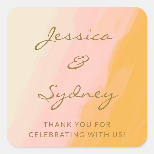 Adesivo Quadrado Boho Chic Watercolor Pink Yellow Casamento Obrigad (Frente)
